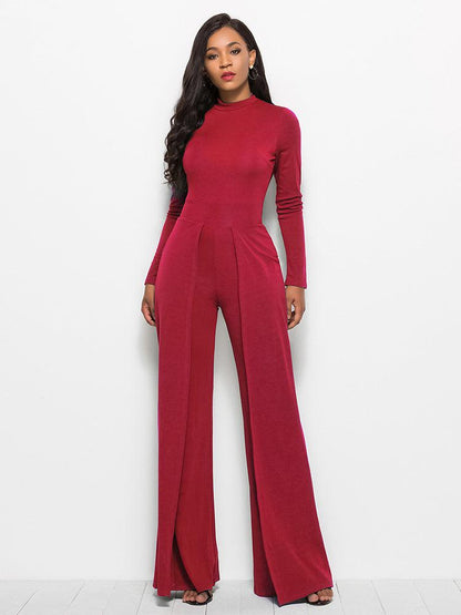 Long Sleeve Mock Neck Wide Leg Jumpsuit Trendsi