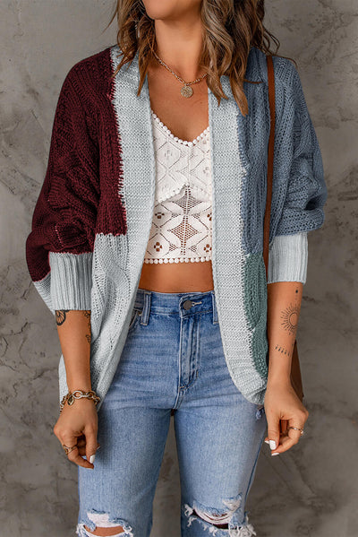 Color Block Cable-Knit Batwing Sleeve Cardigan Trendsi