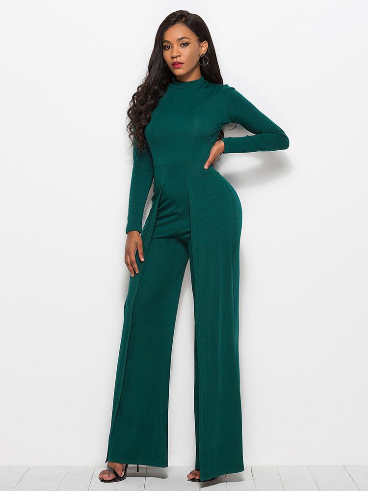 Long Sleeve Mock Neck Wide Leg Jumpsuit Trendsi