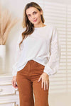 Double Take Eyelet Dropped Shoulder Round Neck Blouse, Also Plus sizes-Trendsi-SatinBoutique