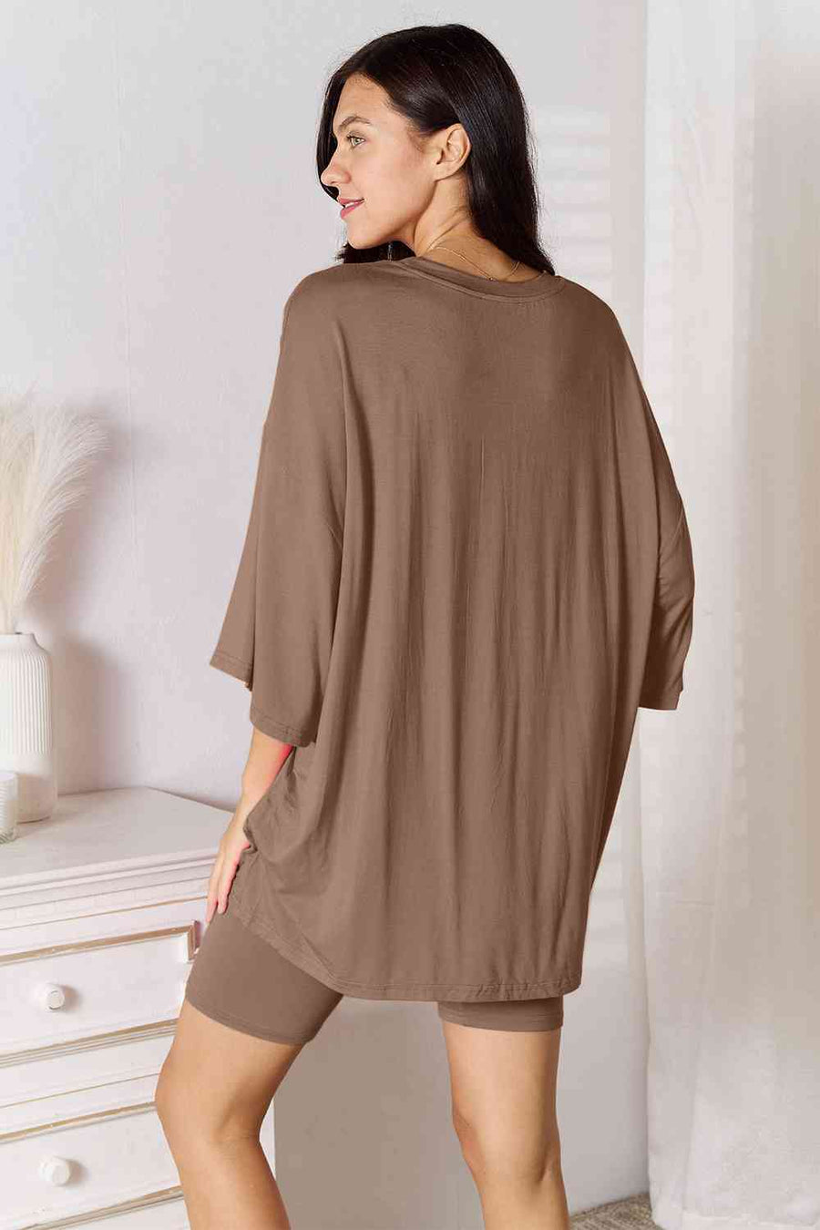 Basic Bae Full Size Soft Rayon Three-Quarter Sleeve Top and Shorts Set-Trendsi-Taupe-S-SatinBoutique