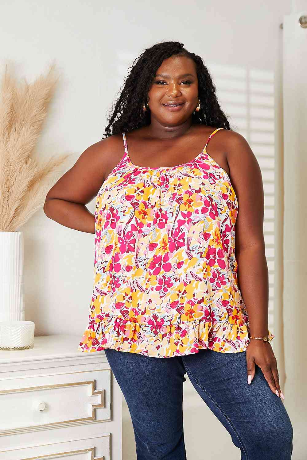 Double Take Floral Scoop Neck Ruffle Hem Cami, Also in Plus sizes-Trendsi-Floral-S-SatinBoutique