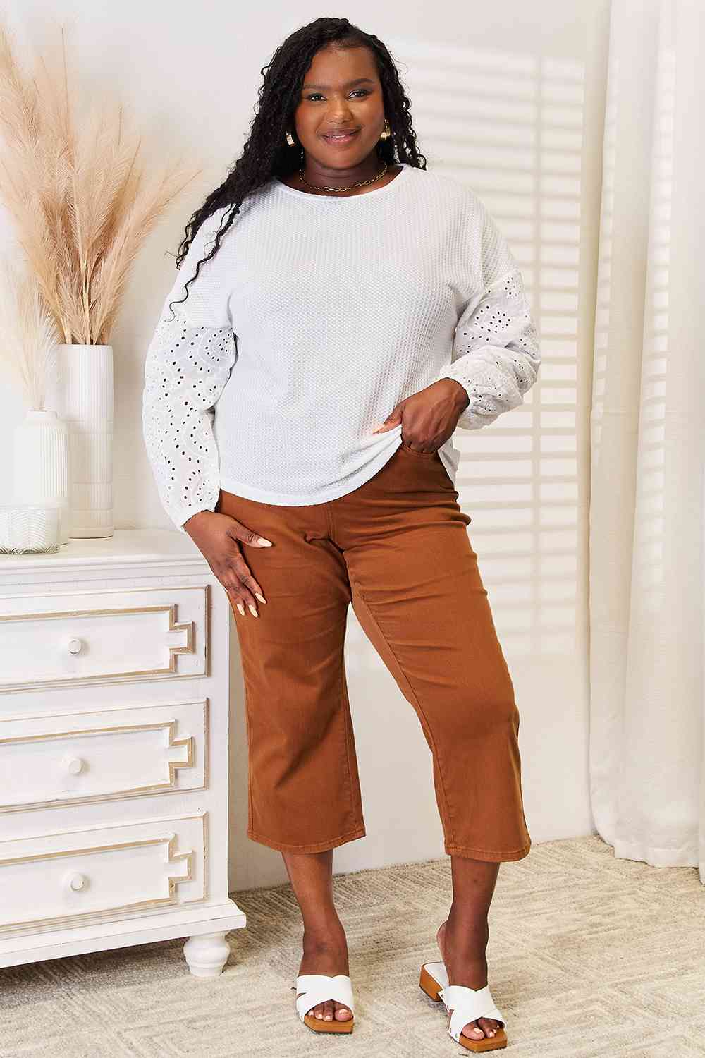 Double Take Eyelet Dropped Shoulder Round Neck Blouse, Also Plus sizes-Trendsi-SatinBoutique