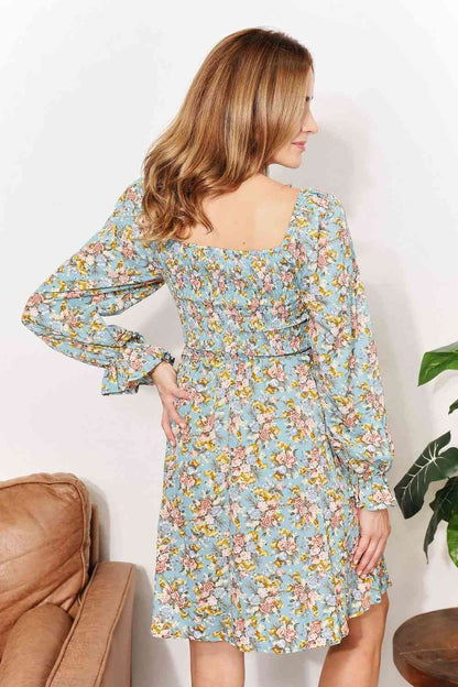 Double Take Floral Smocked Flounce Sleeve Square Neck Dress-Trendsi-SatinBoutique