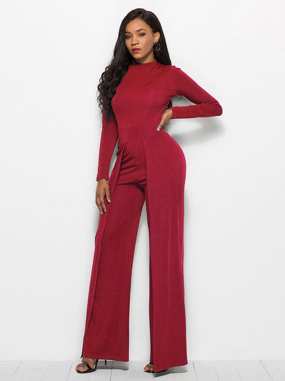 Long Sleeve Mock Neck Wide Leg Jumpsuit Trendsi