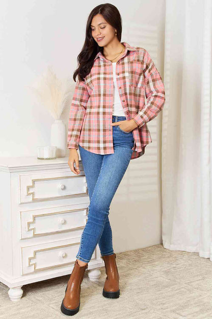 Double Take Plaid Collared Neck Long Sleeve Button-Up Shirt-Trendsi-SatinBoutique