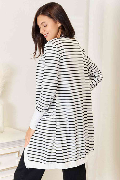 Double Take Striped Open Front Longline Cardigan-Trendsi-SatinBoutique