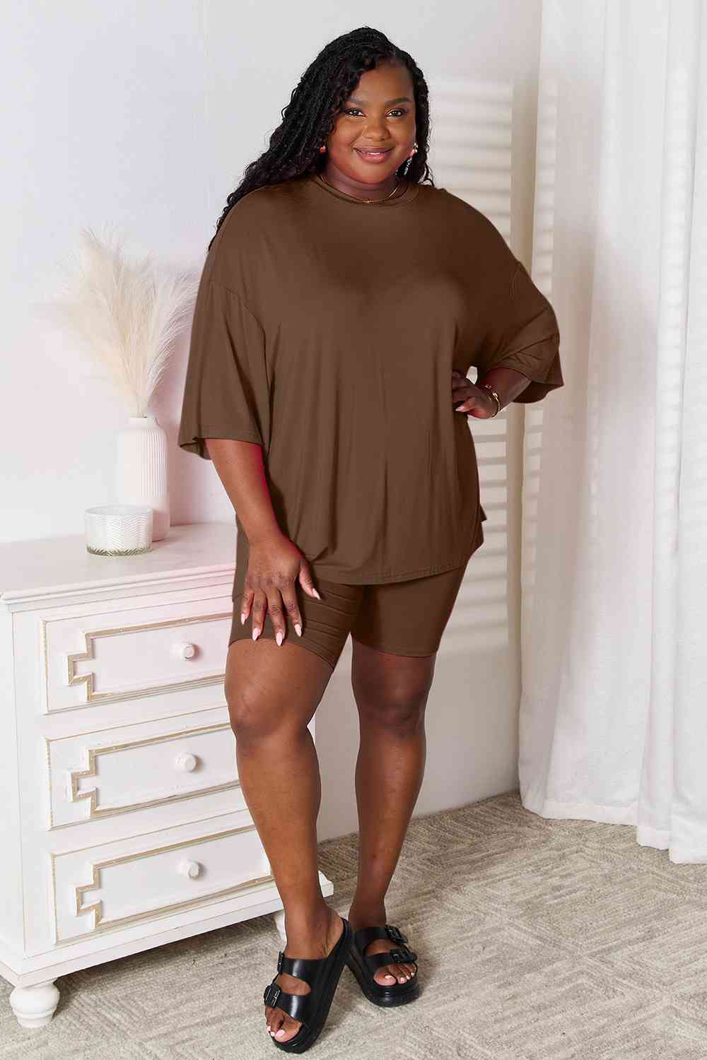 Basic Bae Full Size Soft Rayon Three-Quarter Sleeve Top and Shorts Set-Trendsi-Chocolate-S-SatinBoutique