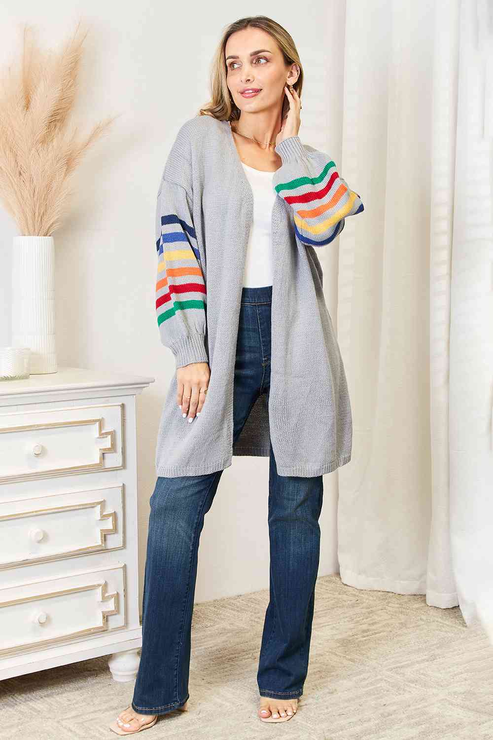 Double Take Multicolored Stripe Open Front Longline Cardigan-Trendsi-SatinBoutique