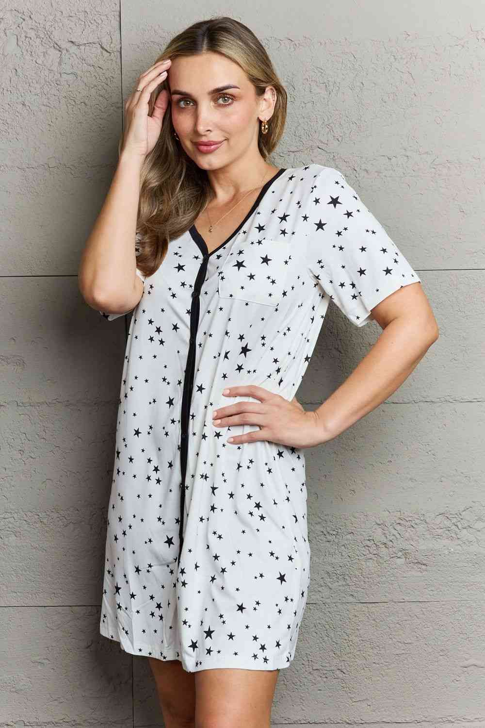 MOON NITE Quilted Quivers Button Down Sleepwear Dress-Trendsi-SatinBoutique