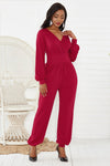 Gathered Detail Surplice Lantern Sleeve Jumpsuit Trendsi