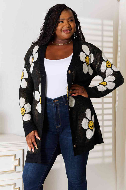 Double Take Floral Button Down Longline Cardigan-Trendsi-SatinBoutique