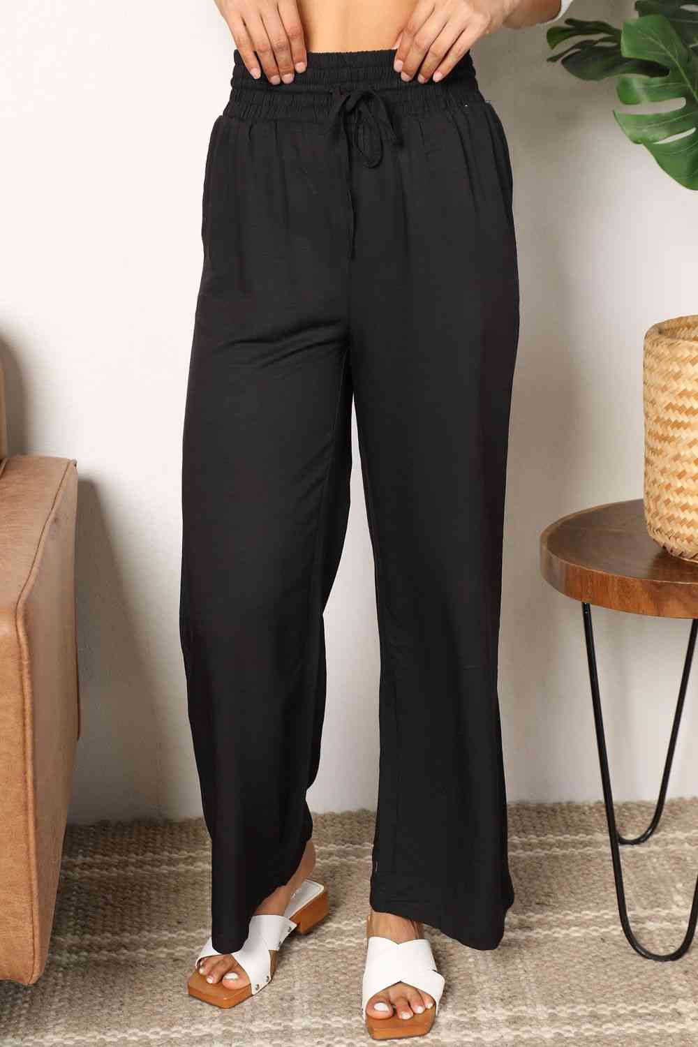 Double Take Drawstring Smocked Waist Wide Leg Pants-Trendsi-Black-S-SatinBoutique