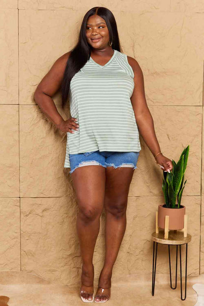 Doublju Full Size Striped Sleeveless V-Neck Top, Also Plus sizes-Trendsi-SatinBoutique