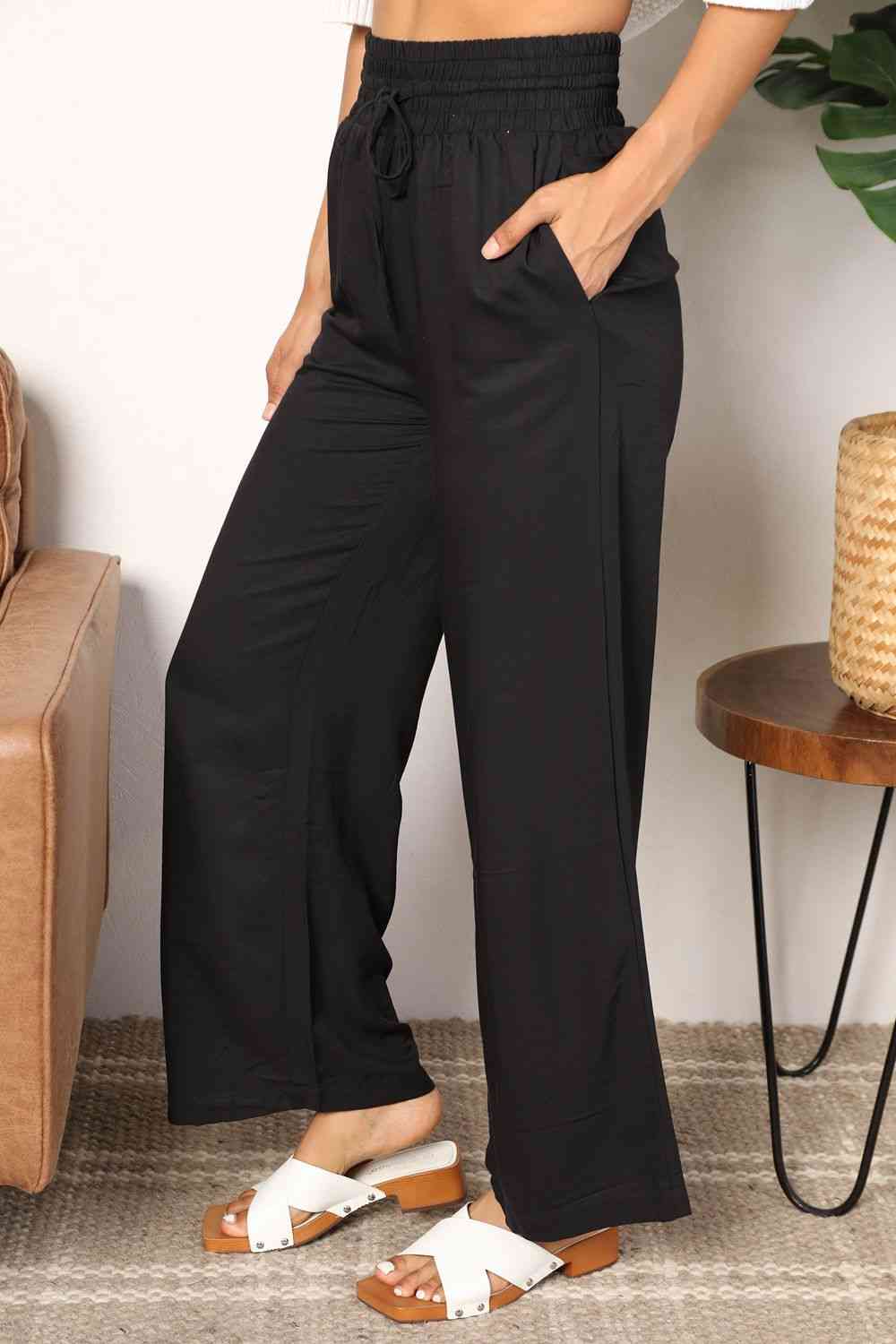 Double Take Drawstring Smocked Waist Wide Leg Pants-Trendsi-SatinBoutique