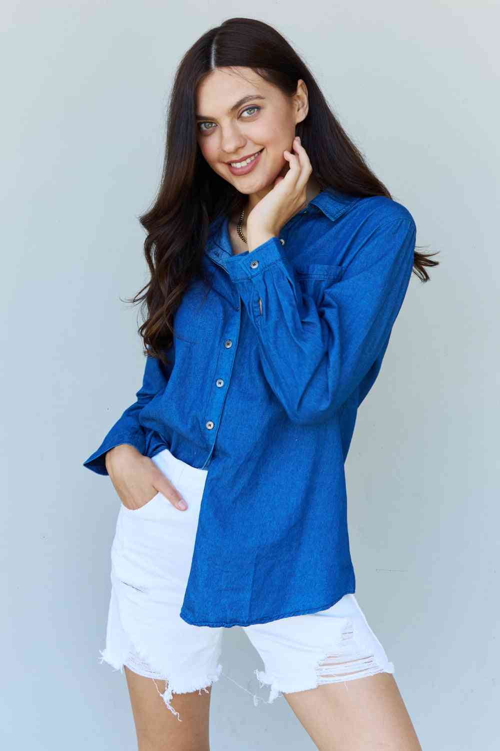 Doublju Blue Jean Baby Denim Button Down Shirt Top in Dark Blue-Trendsi-SatinBoutique