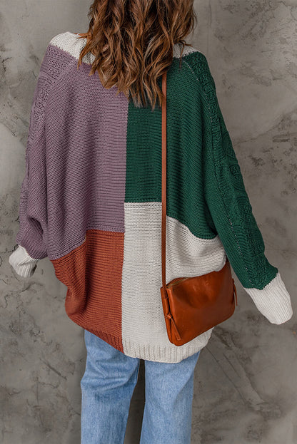 Color Block Cable-Knit Batwing Sleeve Cardigan Trendsi