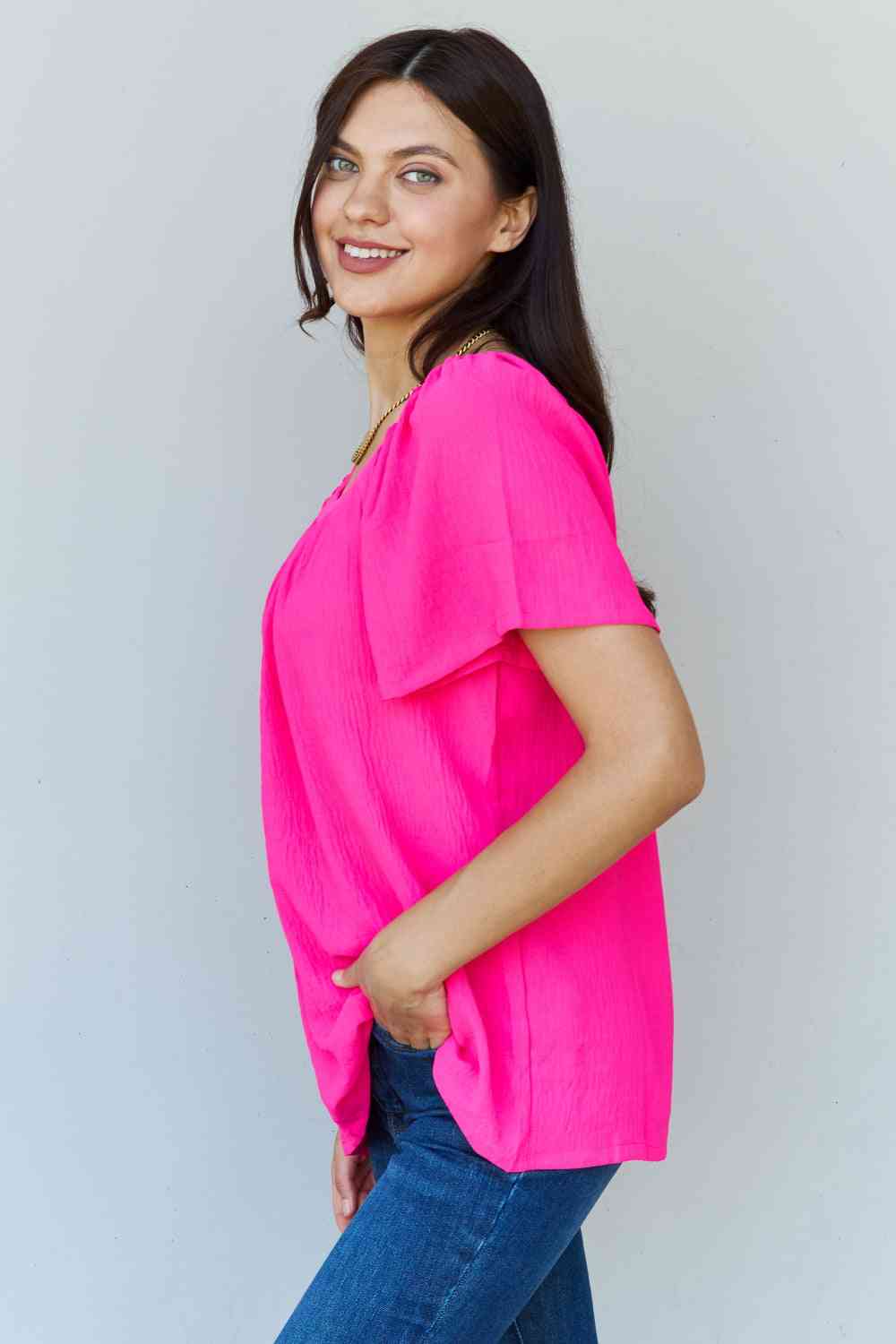 Ninexis Keep Me Close Square Neck Short Sleeve Blouse in Fuchsia-Trendsi-SatinBoutique