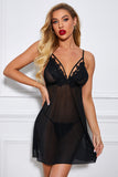 Sheer Lace Mesh Babydoll with Thong, a floral lace neckline and finishes above the knee.