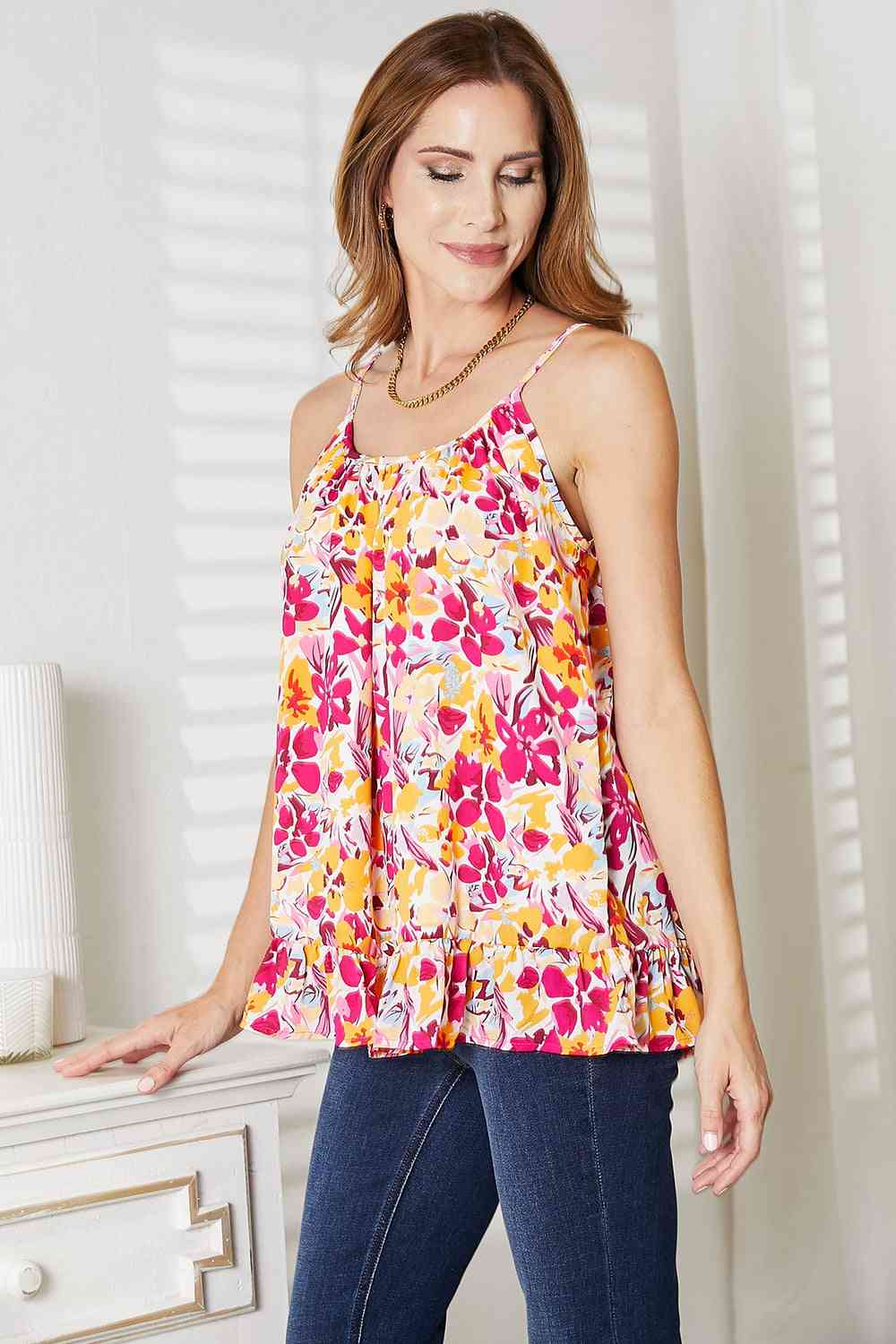 Double Take Floral Scoop Neck Ruffle Hem Cami, Also in Plus sizes-Trendsi-SatinBoutique