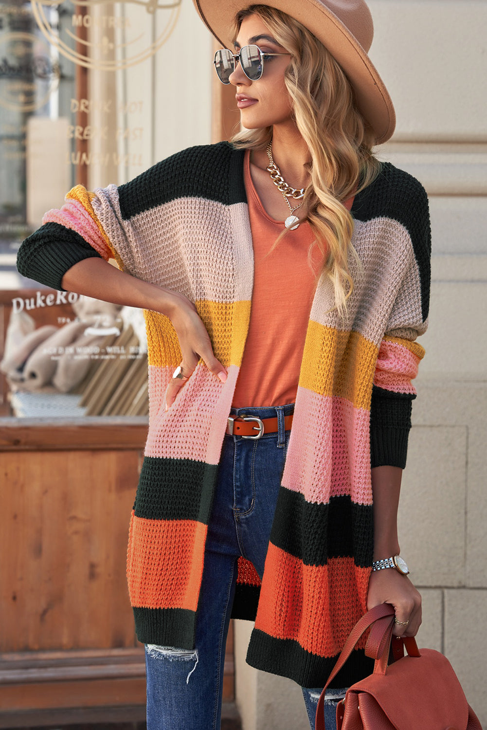 Waffle Knit Striped Open Front Cardigan Trendsi