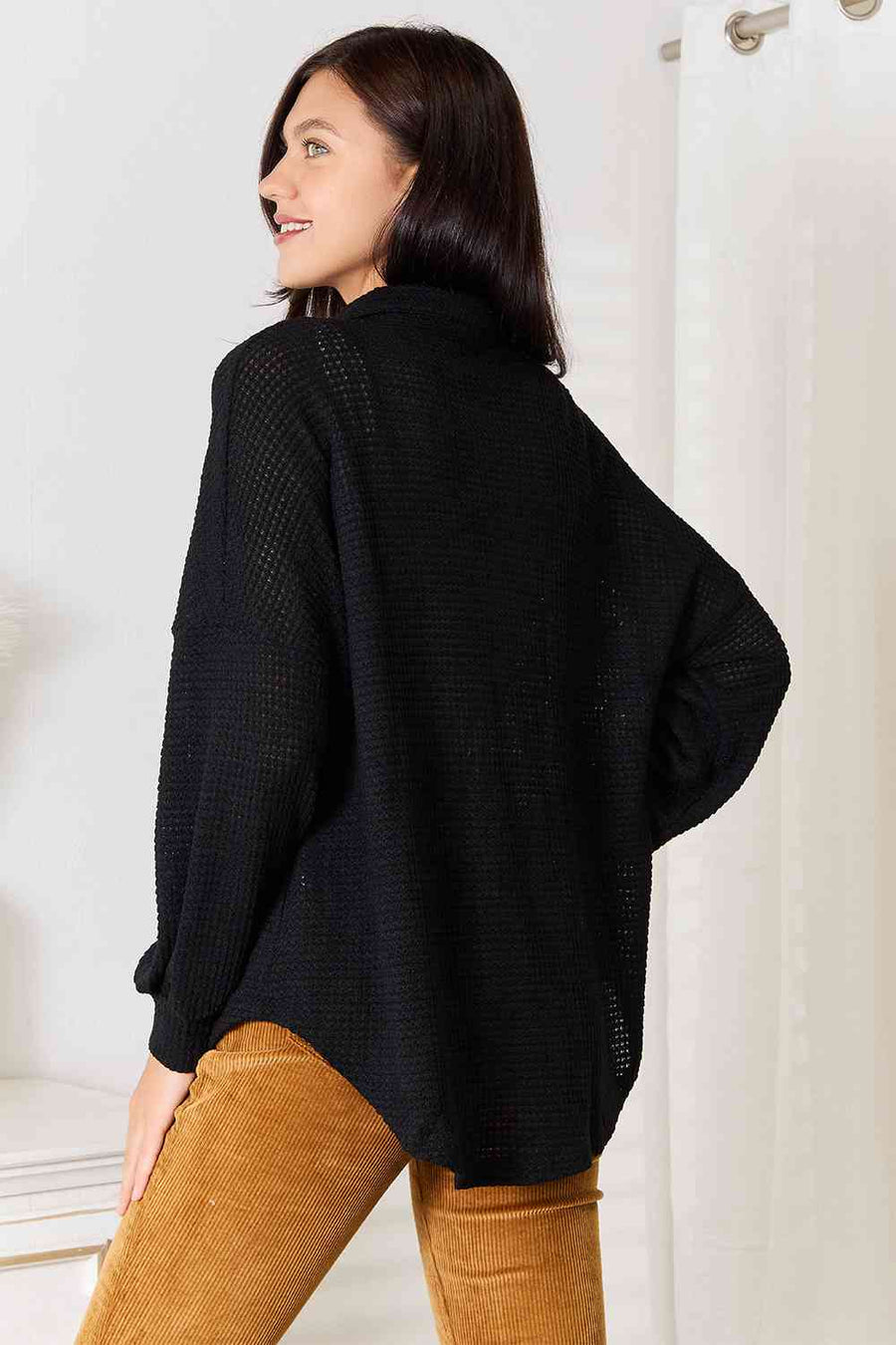 Double Take Waffle-Knit Collared Neck Dropped Shoulder Shirt-Trendsi-Black-S-SatinBoutique