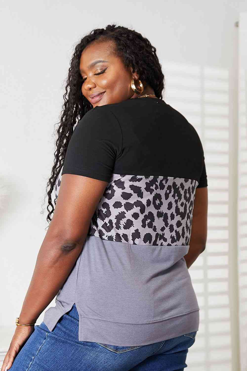 Double Take Leopard Print Color Block Short Sleeve T-Shirt, Also Plus sizes-Trendsi-SatinBoutique