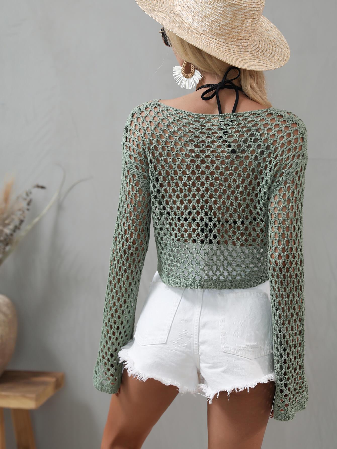 Openwork Flare Sleeve Cropped Cover Up Trendsi