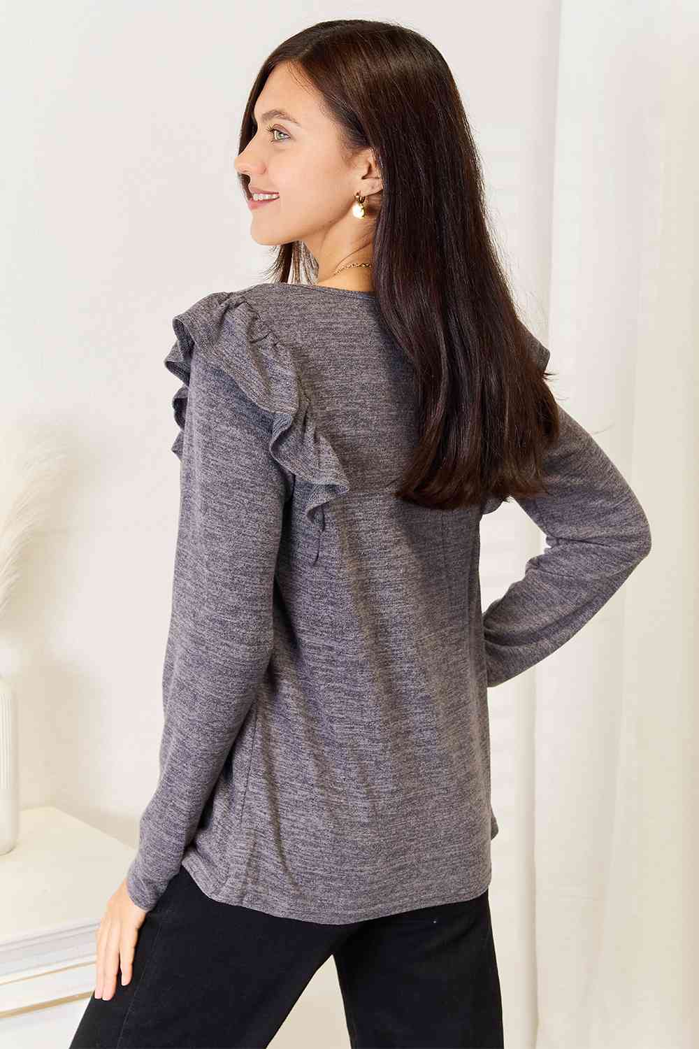 Double Take Square Neck Ruffle Shoulder Long Sleeve T-Shirt, Also Plus sizes-Trendsi-SatinBoutique