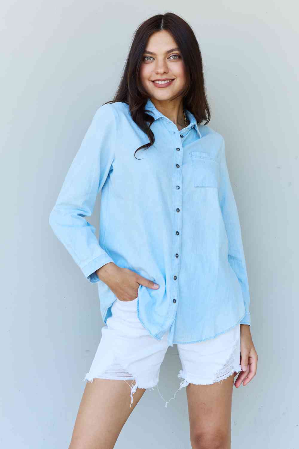 Doublju Blue Jean Baby Denim Button Down Shirt Top in Light Blue-Trendsi-SatinBoutique