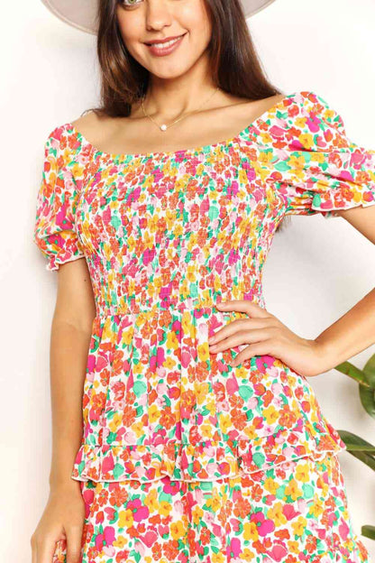 Double Take Smocked Sweetheart Neck Flounce Sleeve Mini Dress-Trendsi-SatinBoutique