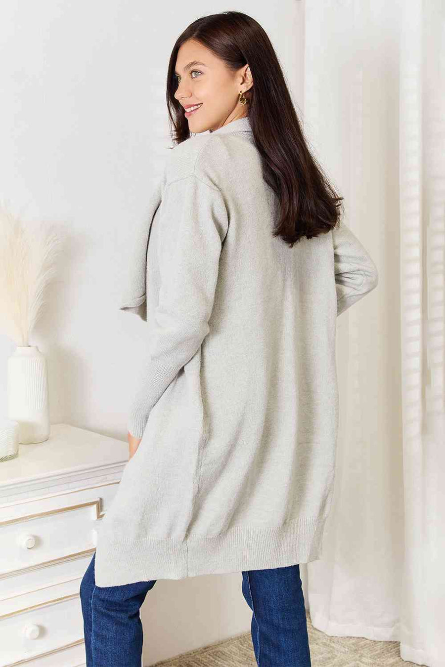 Double Take Open Front Duster Cardigan na may Pockets-Trendsi-Light Grey-S-SatinBoutique