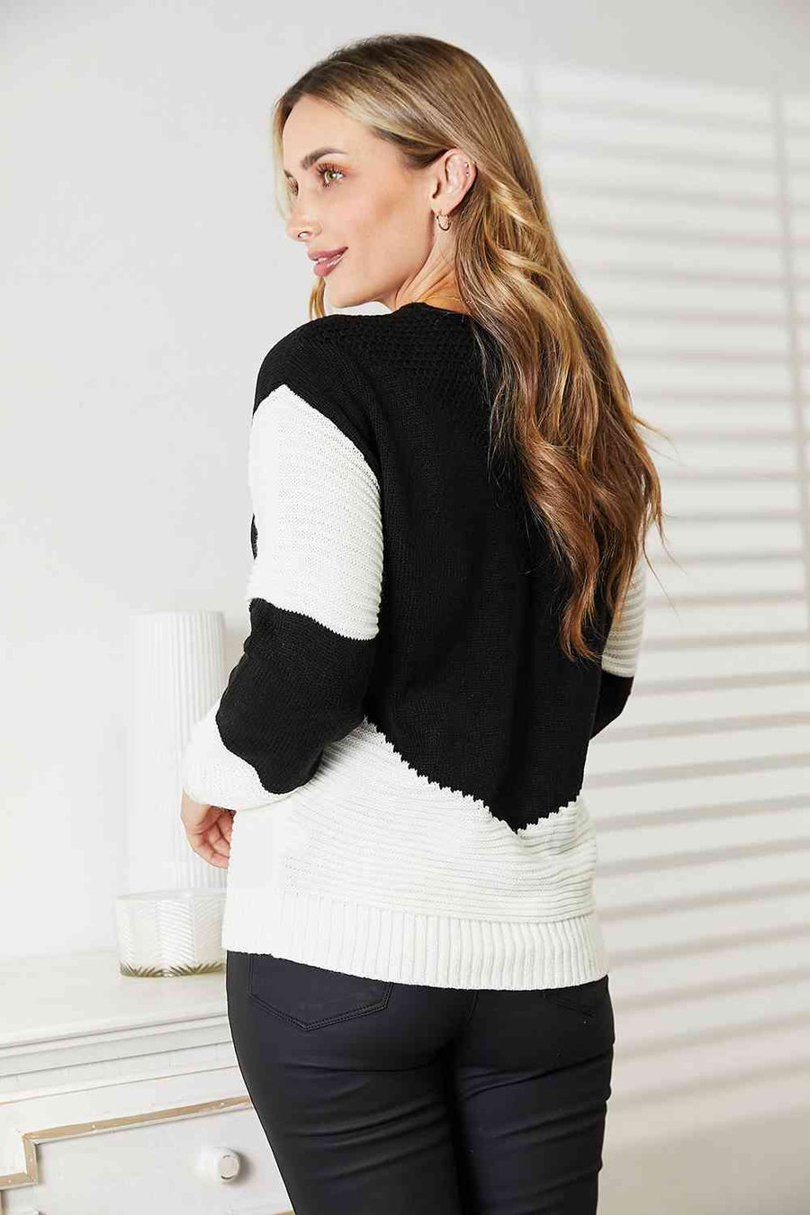 Woven Right Two-Tone Openwork Rib-Knit Sweater-Trendsi-Black-S-SatinBoutique