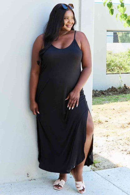 Ninexis Good Energy Full Size Cami Side Slit Maxi Dress in Black, Also in Plus sizes-Trendsi-SatinBoutique