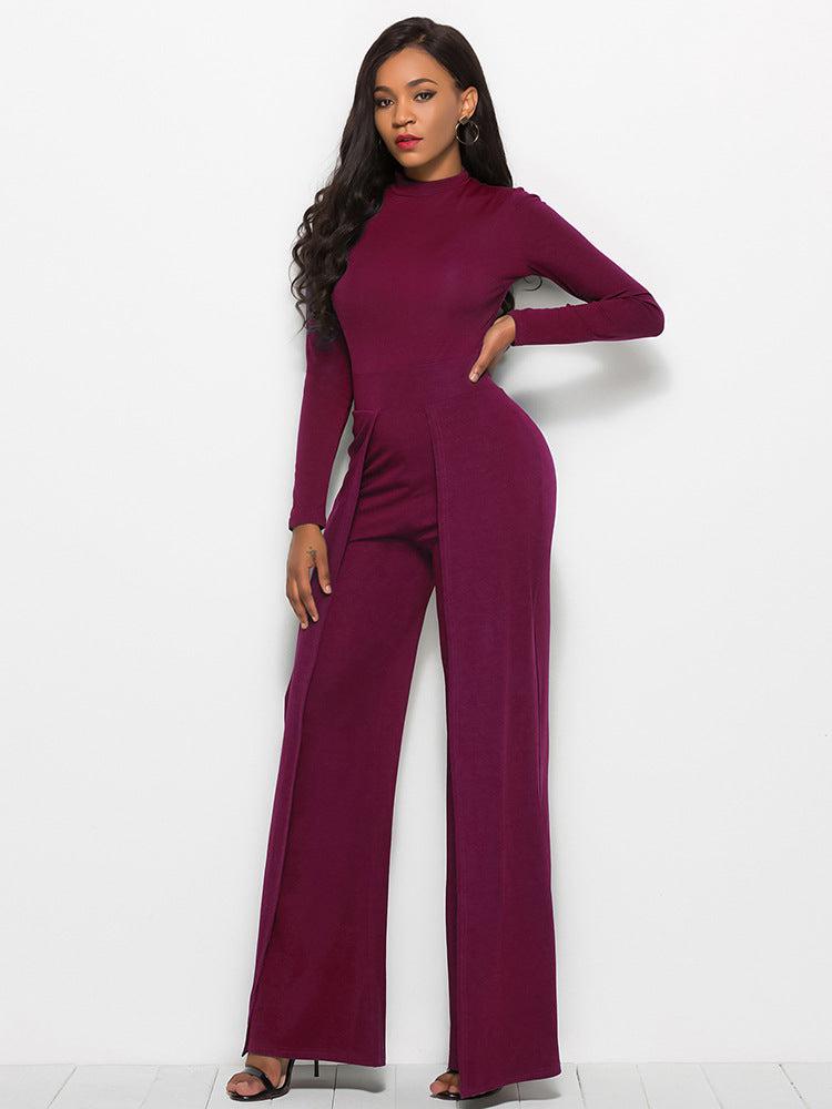 Long Sleeve Mock Neck Wide Leg Jumpsuit Trendsi