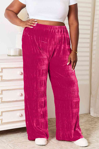 Double Take Full Size High Waist Tiered Shirring Velvet Wide Leg Pants-Trendsi-SatinBoutique