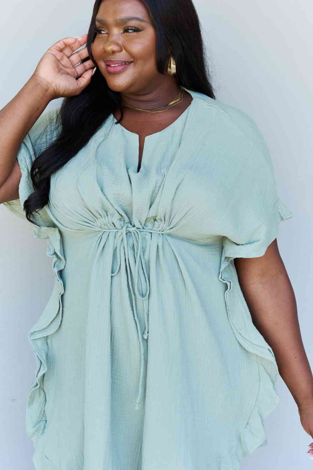 Ninexis Out Of Time Full Size Ruffle Hem Dress with Drawstring Waistband in Light Sage-Trendsi-SatinBoutique