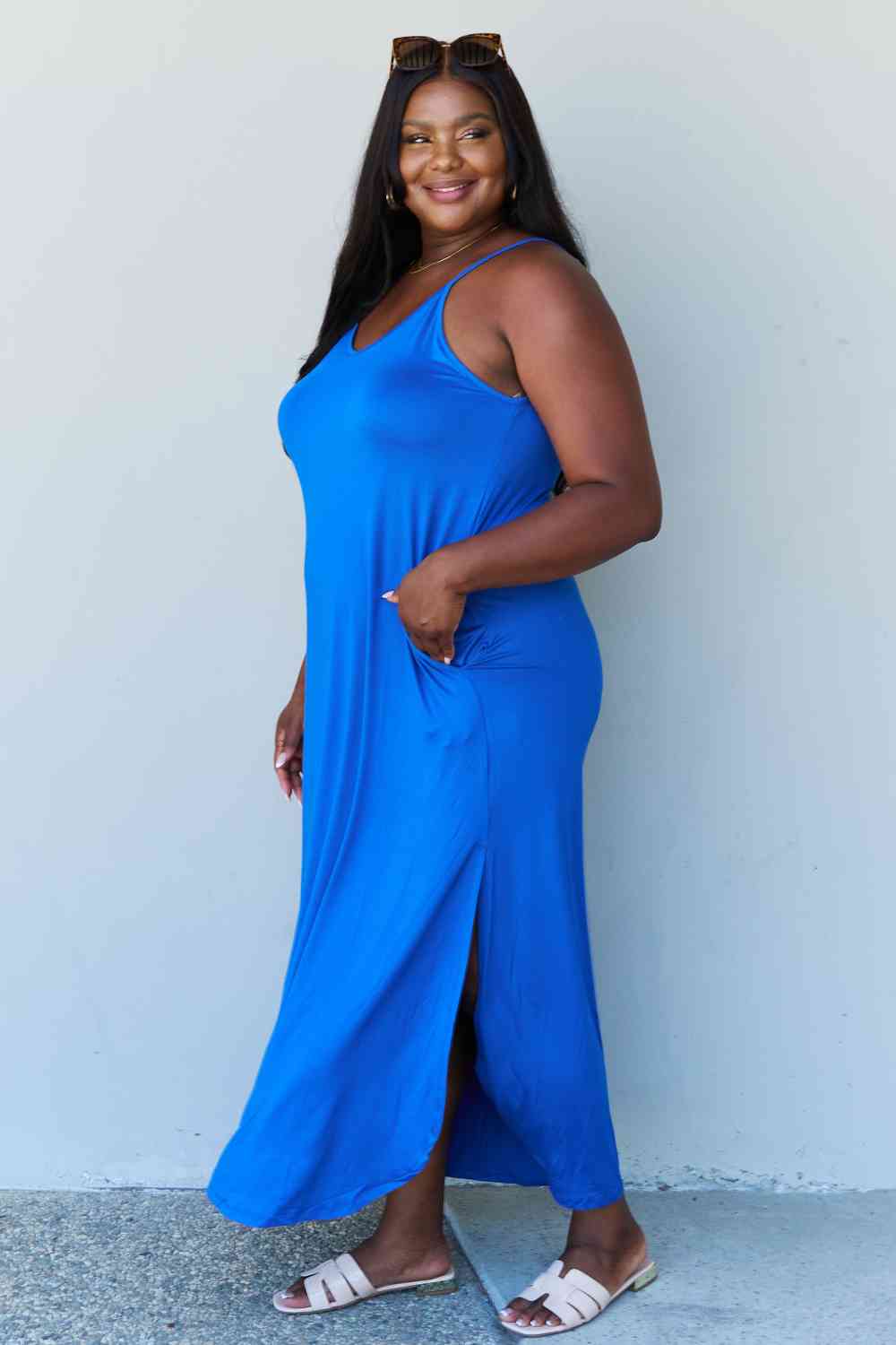 Ninexis Good Energy Full Size Cami Side Slit Maxi Dress in Royal Blue, Also Plus sizes-Trendsi-SatinBoutique