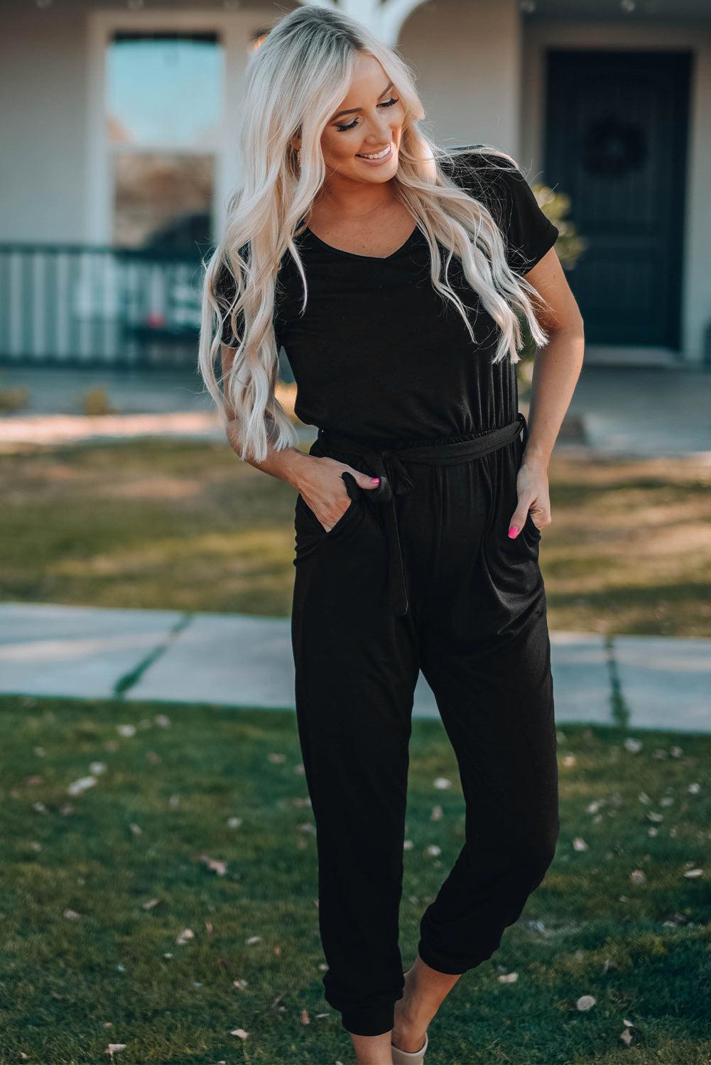 Belted V-Neck Jogger Jumpsuit Trendsi