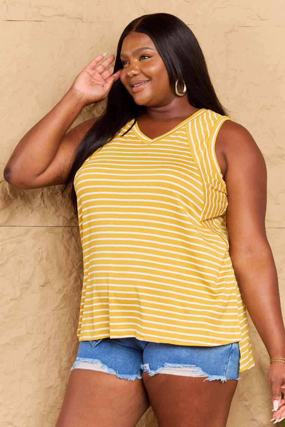 Doublju Talk To Me Full Size Striped Sleeveless V-Neck Top-Trendsi-SatinBoutique