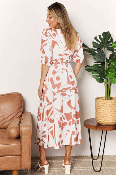 Double Take Printed Surplice Balloon Sleeve Dress-Trendsi-SatinBoutique