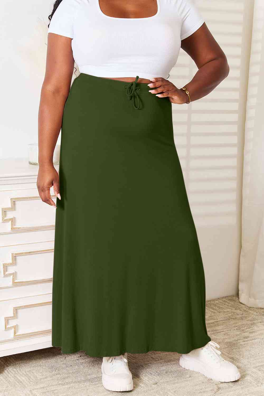 Double Take Full Size Soft Rayon Drawstring Waist Maxi Skirt Rayon-Trendsi-Green-S-SatinBoutique