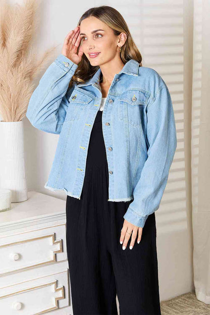 Double Take Dropped Shoulder Raw Hem Denim Jacket-Trendsi-SatinBoutique