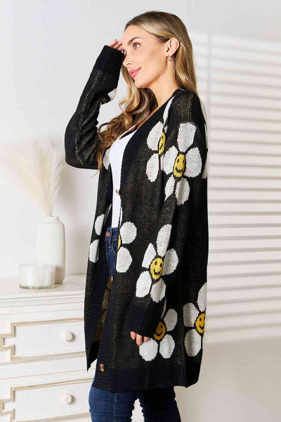 Double Take Floral Button Down Longline Cardigan-Trendsi-SatinBoutique