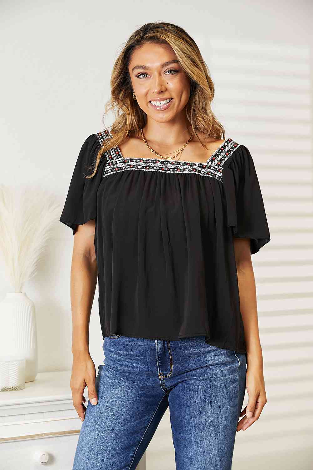 Double Take Contrast Square Neck Puff Sleeve Blouse-Trendsi-Black-S-SatinBoutique