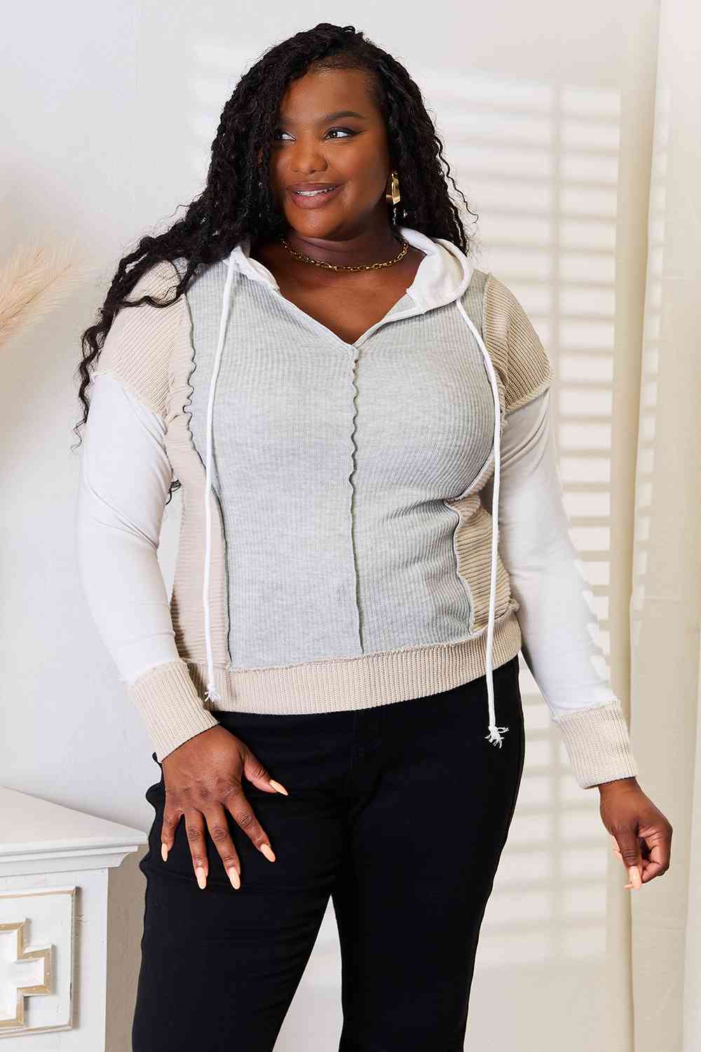 Double Take Color Block Exposed Seam Drawstring Hoodie, Also in Plus sizes-Trendsi-SatinBoutique