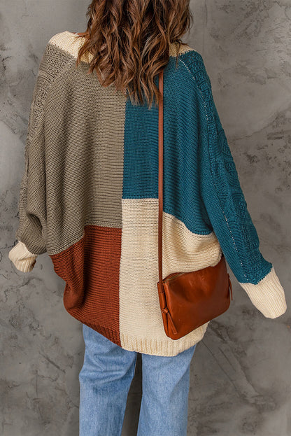 Color Block Cable-Knit Batwing Sleeve Cardigan Trendsi