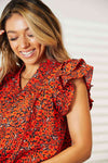 Double Take Floral Flutter Sleeve Notched Neck Blouse-Trendsi-SatinBoutique