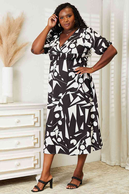 Double Take Printed Surplice Balloon Sleeve Dress-Trendsi-SatinBoutique