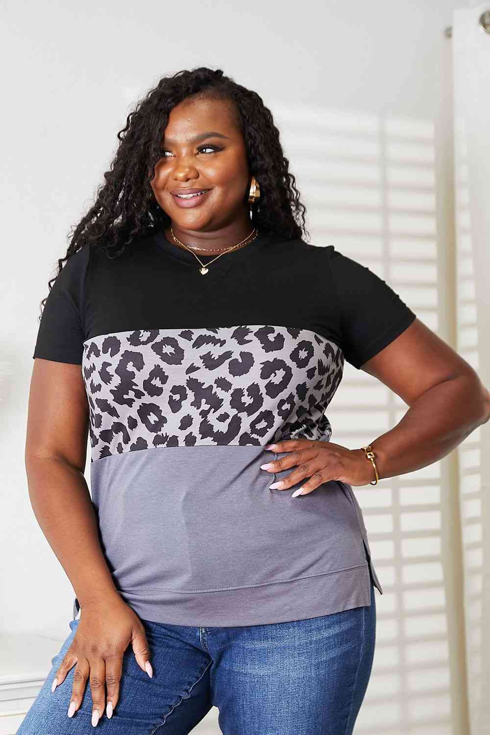 Double Take Leopard Print Color Block Short Sleeve T-Shirt, Also Plus sizes-Trendsi-Black-XL-SatinBoutique